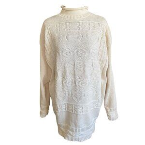 Vintage Cream Knitted Turtleneck Sweater Women's Large With Heart Pattern Design